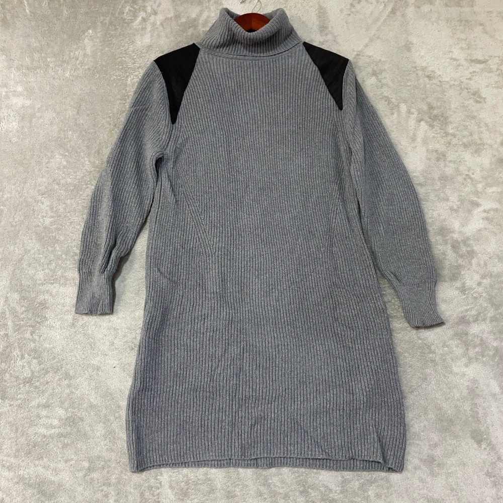 525 America Women's L Gray Turtleneck Sweater Knee Dress Cotton Patch Ribbed